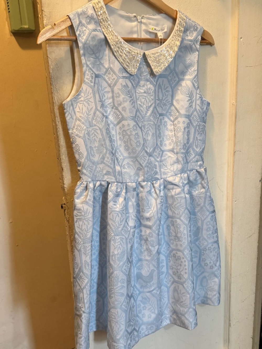 NWT 7.Modifier Light Blue Mod Brocade Jacquard Mini Dress - Beaded Collar